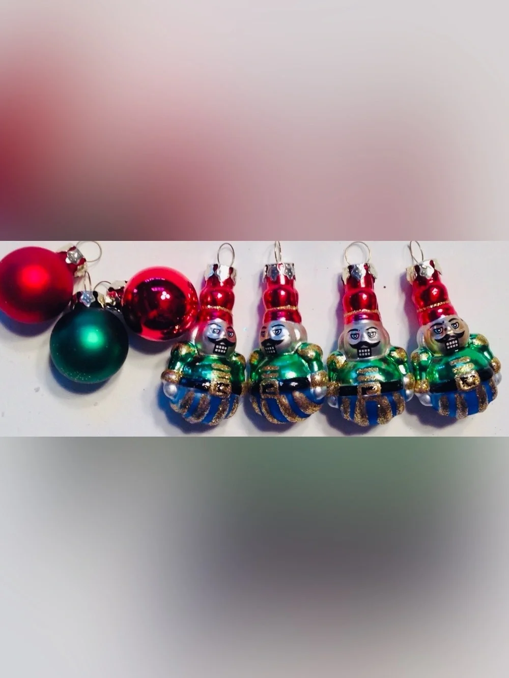 Glass Christmas Ornament Lot of 7 Mini Balls Toy Soldiers Vintage